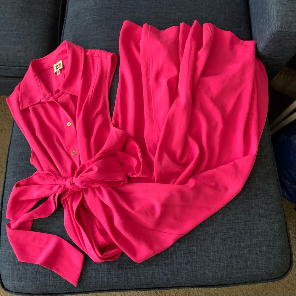 ANNE KLEIN Pink Barbie Midi Sleeveless Dress with Tie Waist